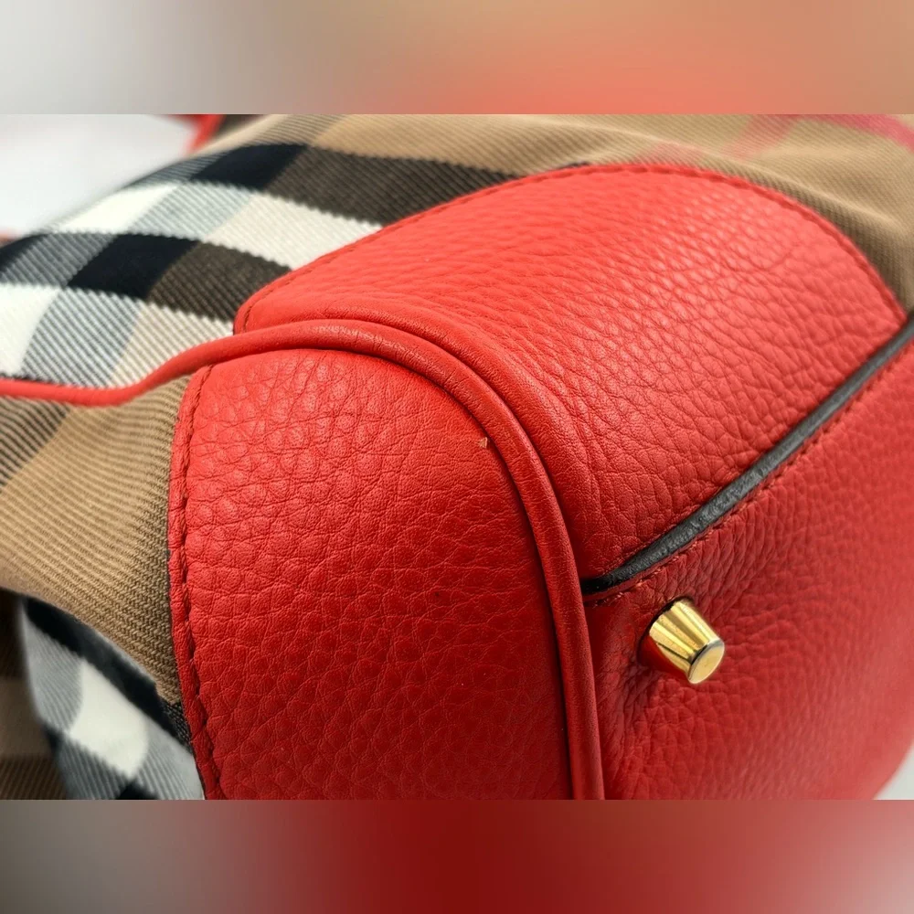 Auth Burberry House Check Canterbury canvas leather orange bag tote purse - Picture 9 of 16